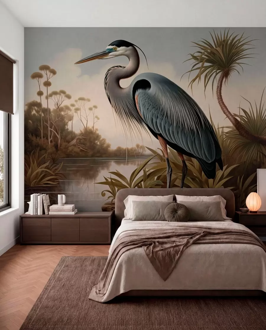 wall murals Чапља поред воде међу биљкама на обали w05572
