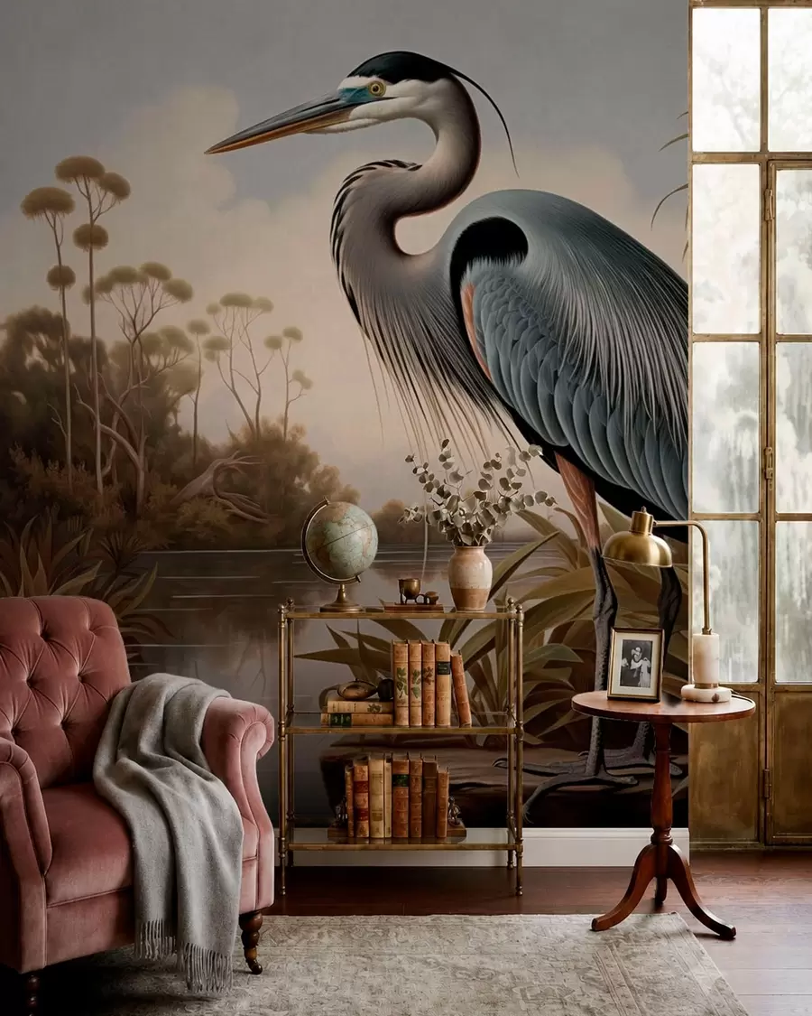 wall murals Чапља поред воде међу биљкама на обали w05572