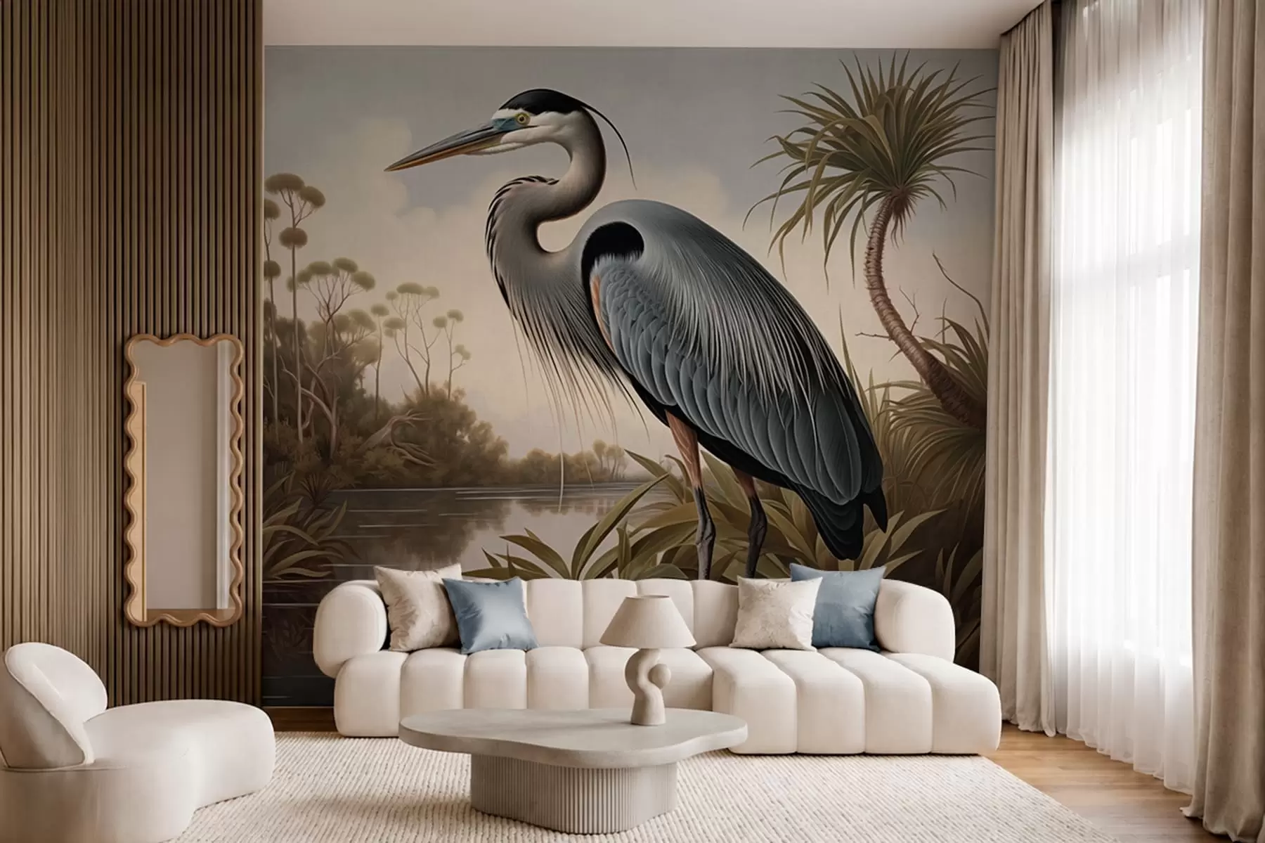 wall murals Чапља поред воде међу биљкама на обали w05572