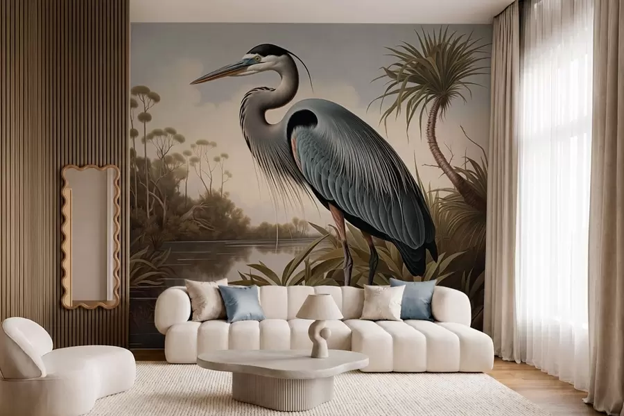wall murals Чапља поред воде међу биљкама на обали w05572