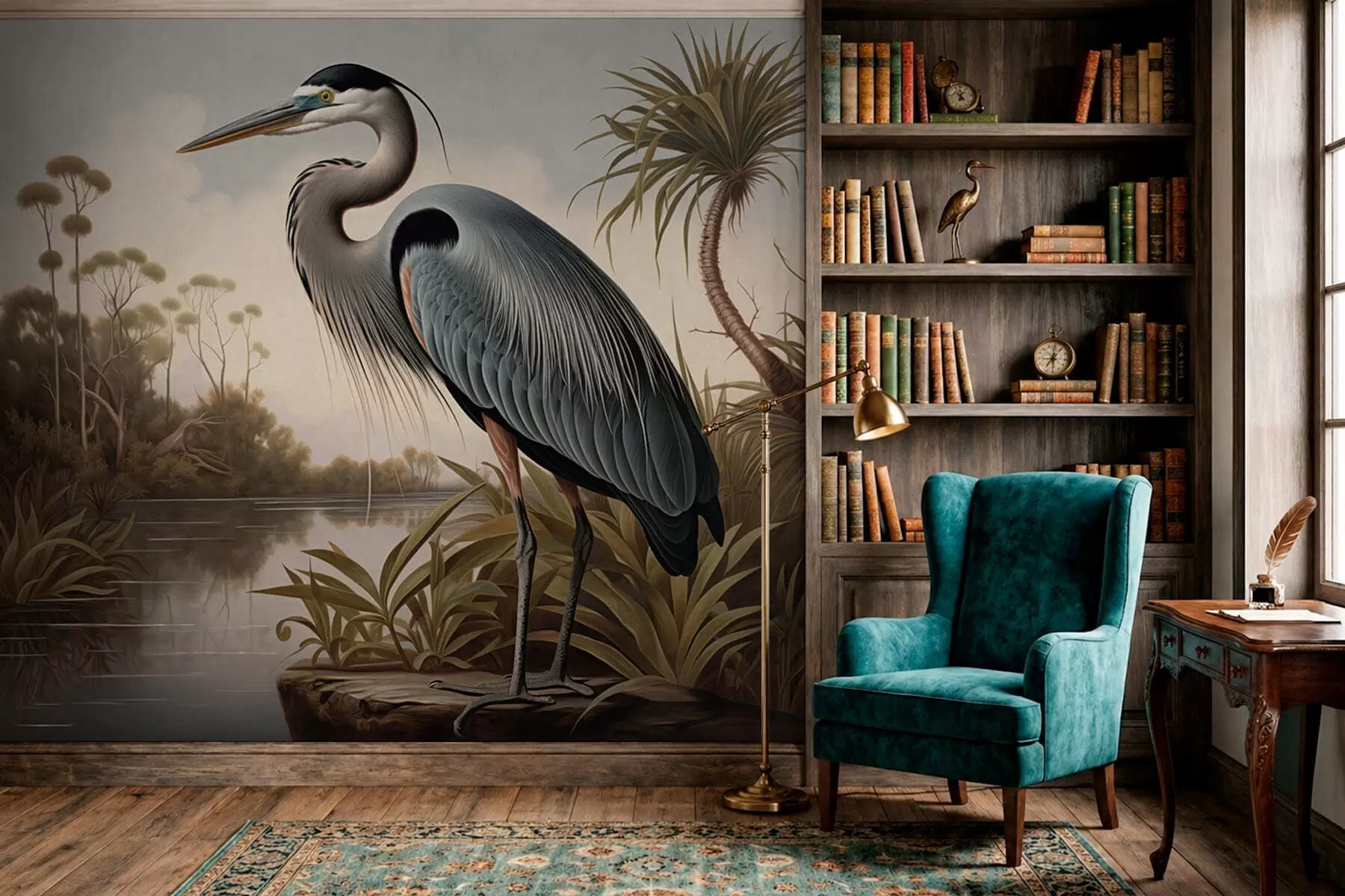 wall murals Чапља поред воде међу биљкама на обали w05572