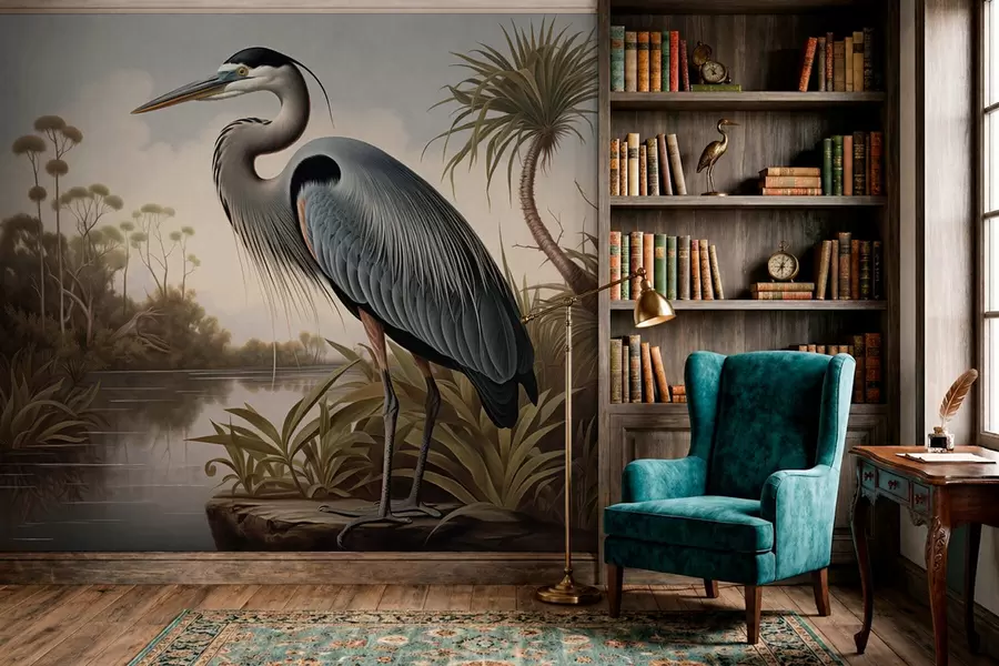 wall murals Чапља поред воде међу биљкама на обали w05572