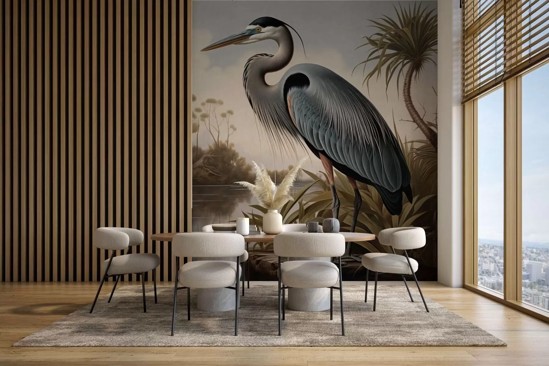 wall murals Чапља поред воде међу биљкама на обали w05572