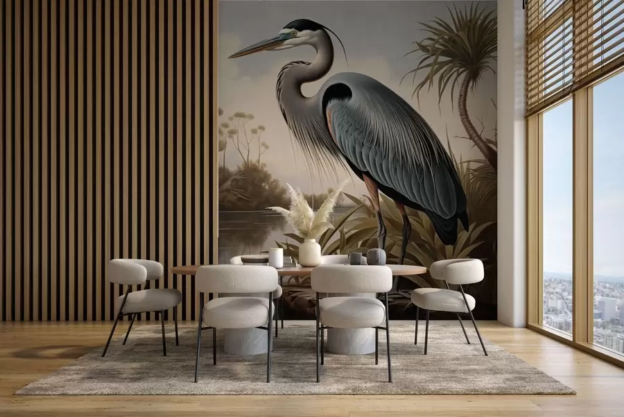 wall murals Чапља поред воде међу биљкама на обали w05572