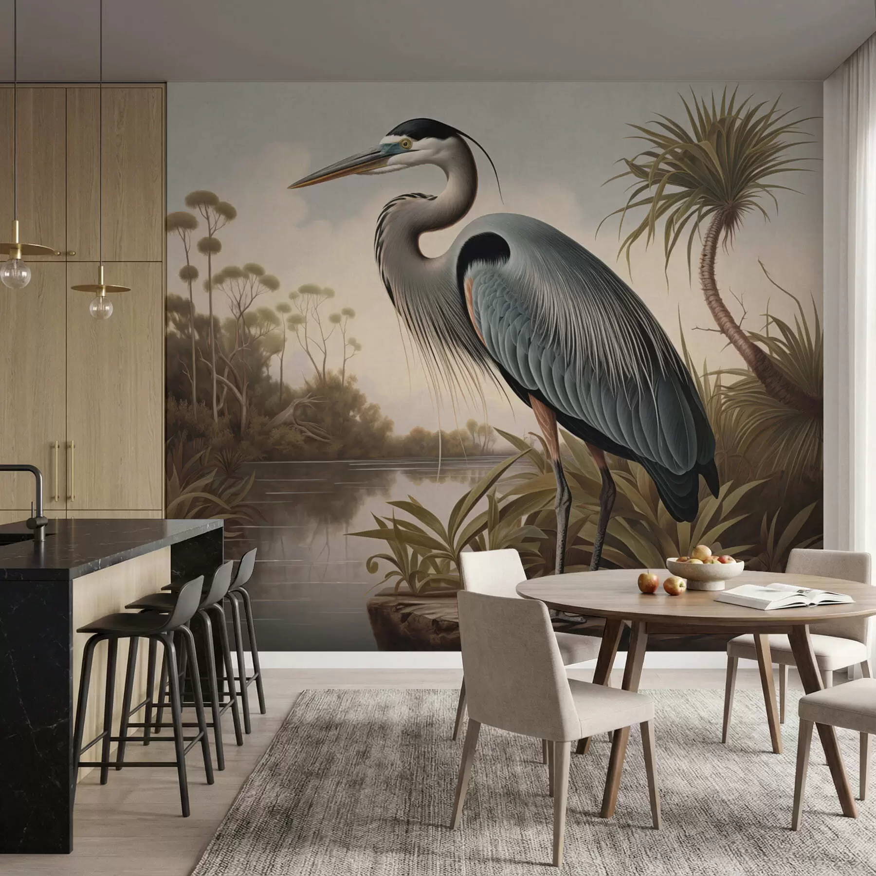 wall murals Чапља поред воде међу биљкама на обали w05572