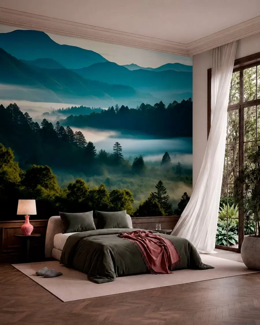 wall murals Планински пејзаж са маглом и шумама у зору w05573
