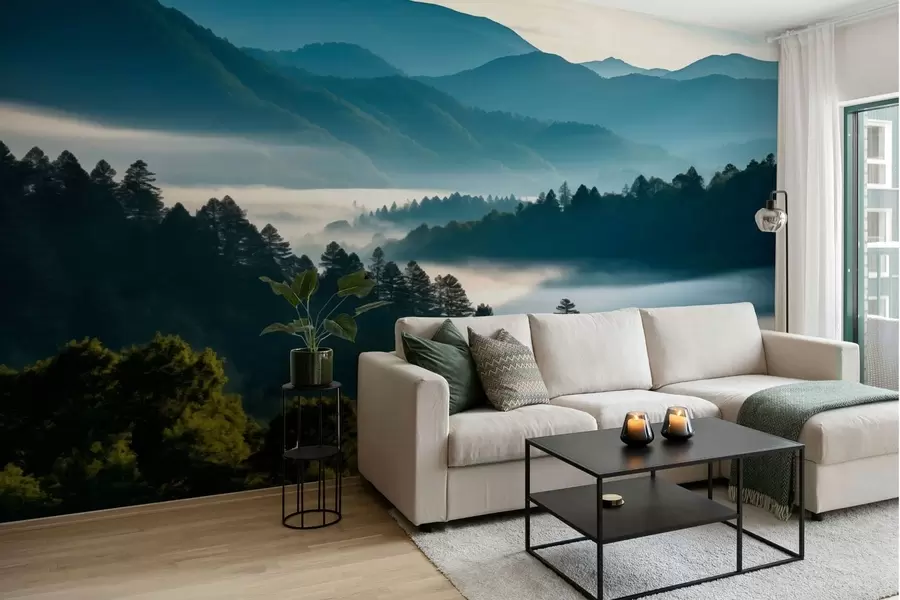 wall murals Планински пејзаж са маглом и шумама у зору w05573