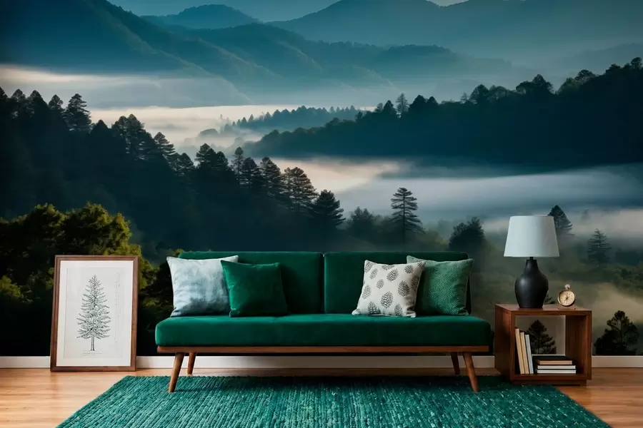 wall murals Планински пејзаж са маглом и шумама у зору w05573