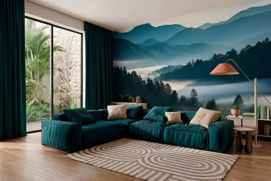 wall murals Планински пејзаж са маглом и шумама у зору w05573