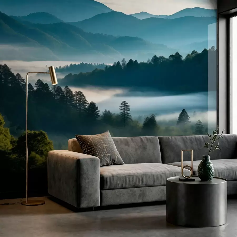 wall murals Планински пејзаж са маглом и шумама у зору w05573