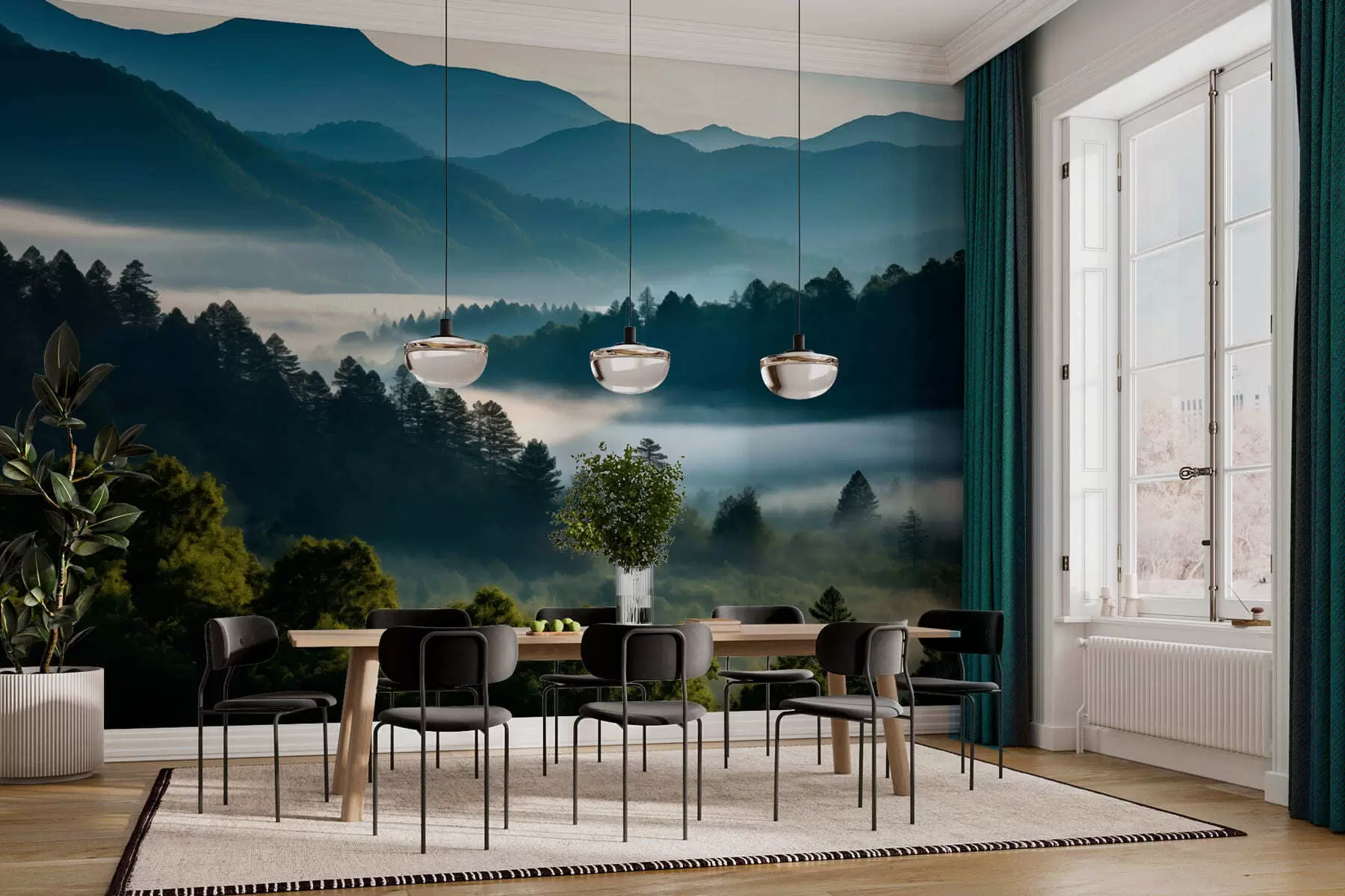 wall murals Планински пејзаж са маглом и шумама у зору w05573