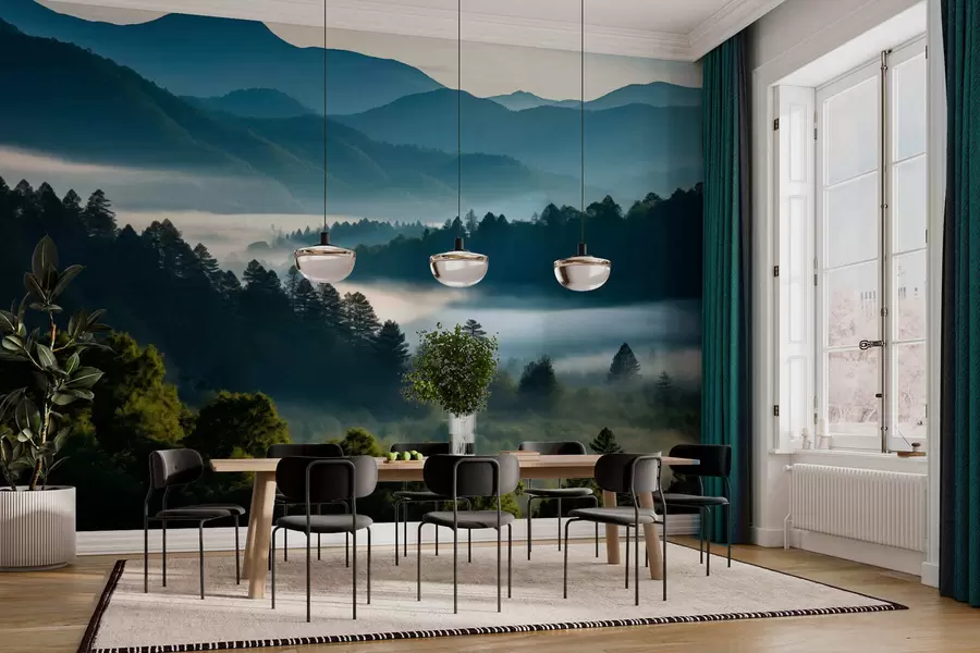 wall murals Планински пејзаж са маглом и шумама у зору w05573