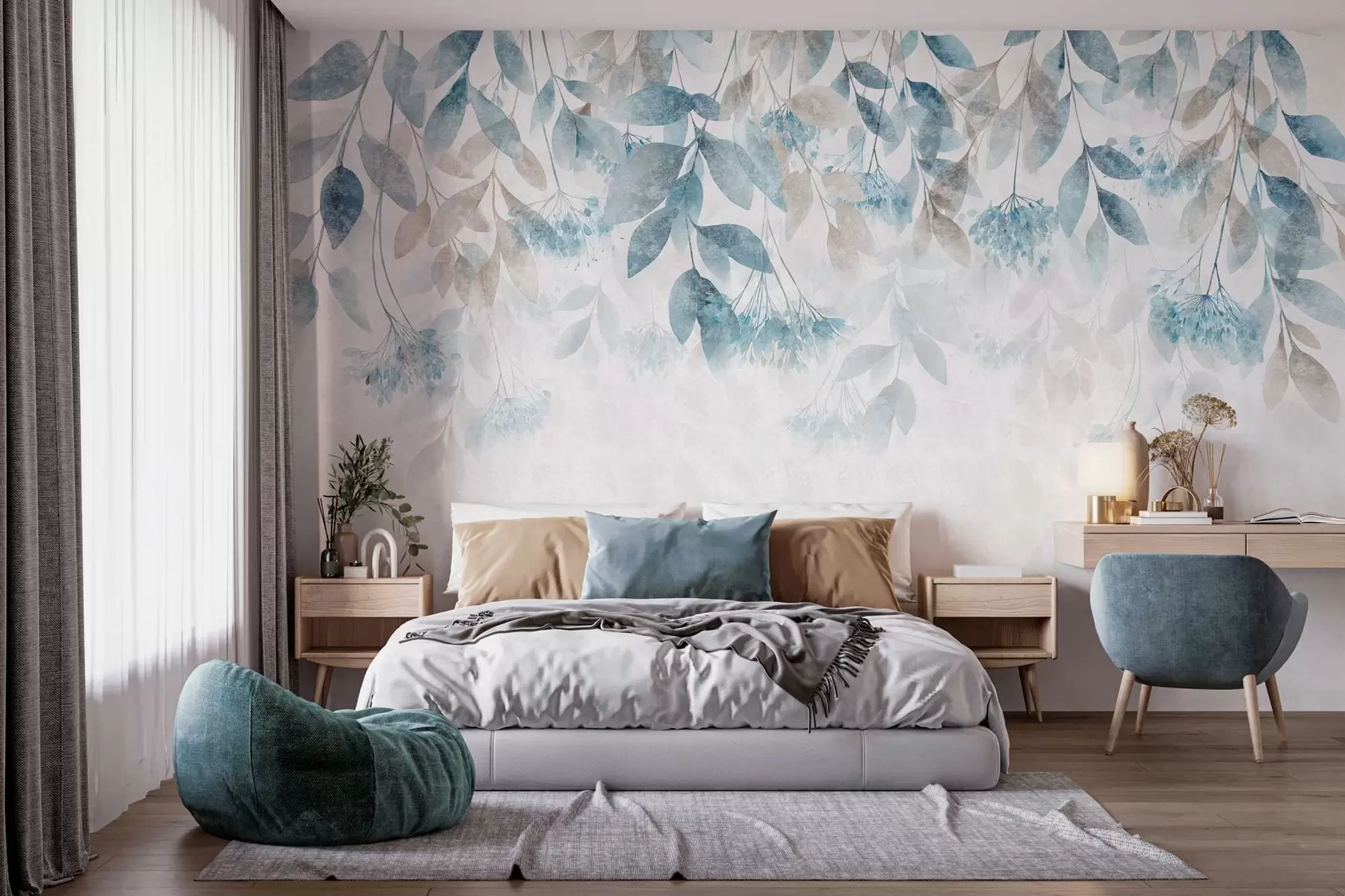 wall murals текстурирани, каскадни листови са цветовима у нијансама тиркизне и беж боје w05565