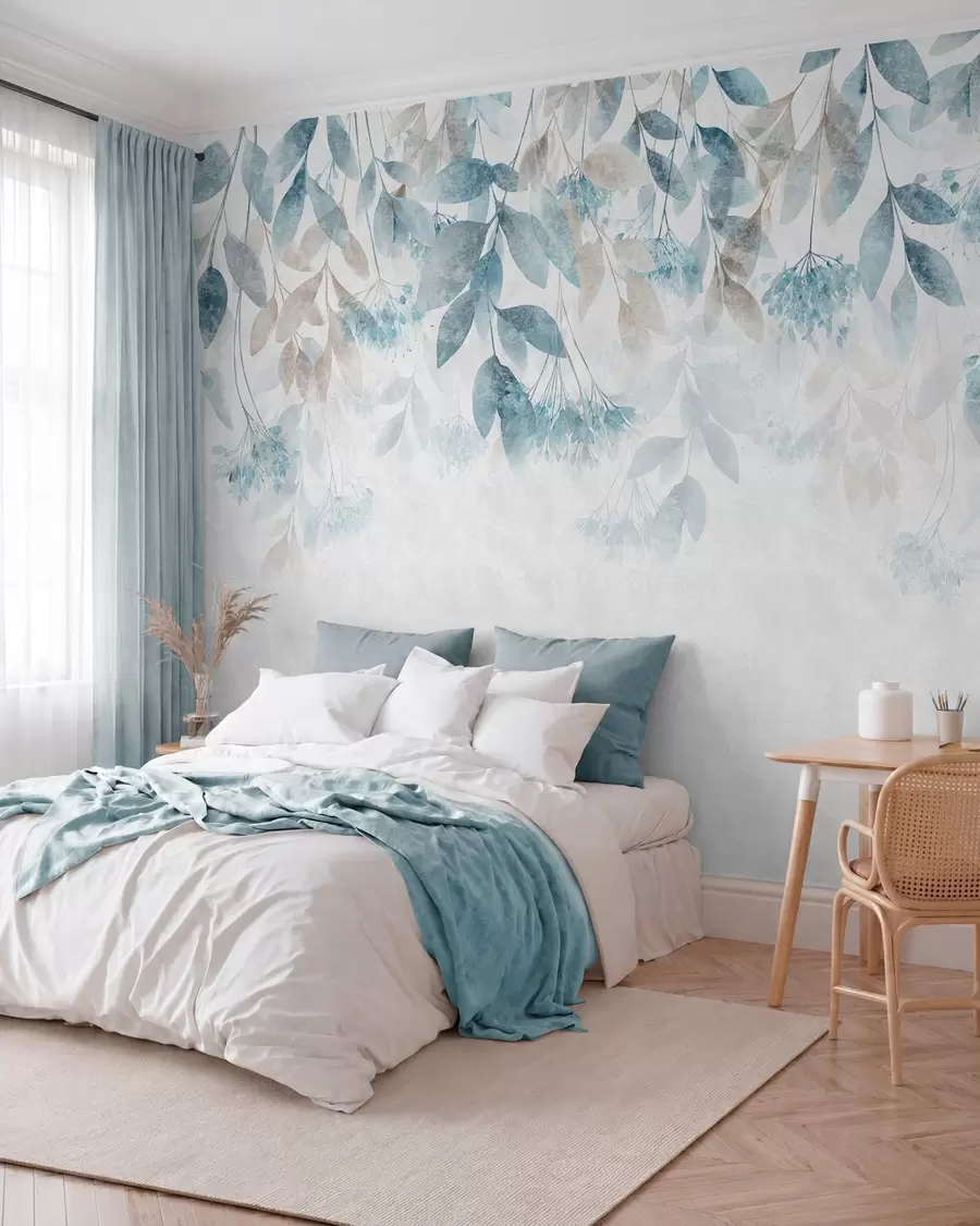 wall murals текстурирани, каскадни листови са цветовима у нијансама тиркизне и беж боје w05565