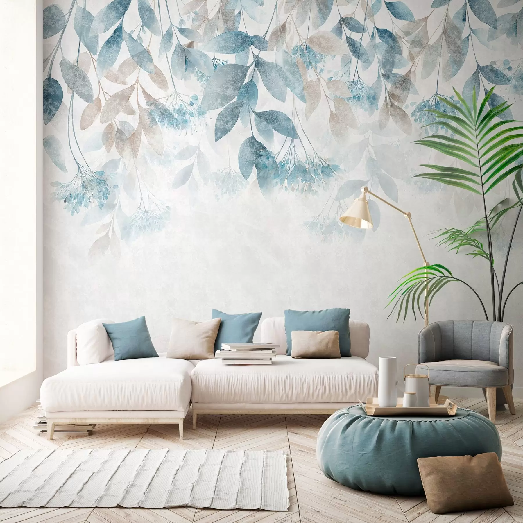 wall murals текстурирани, каскадни листови са цветовима у нијансама тиркизне и беж боје w05565