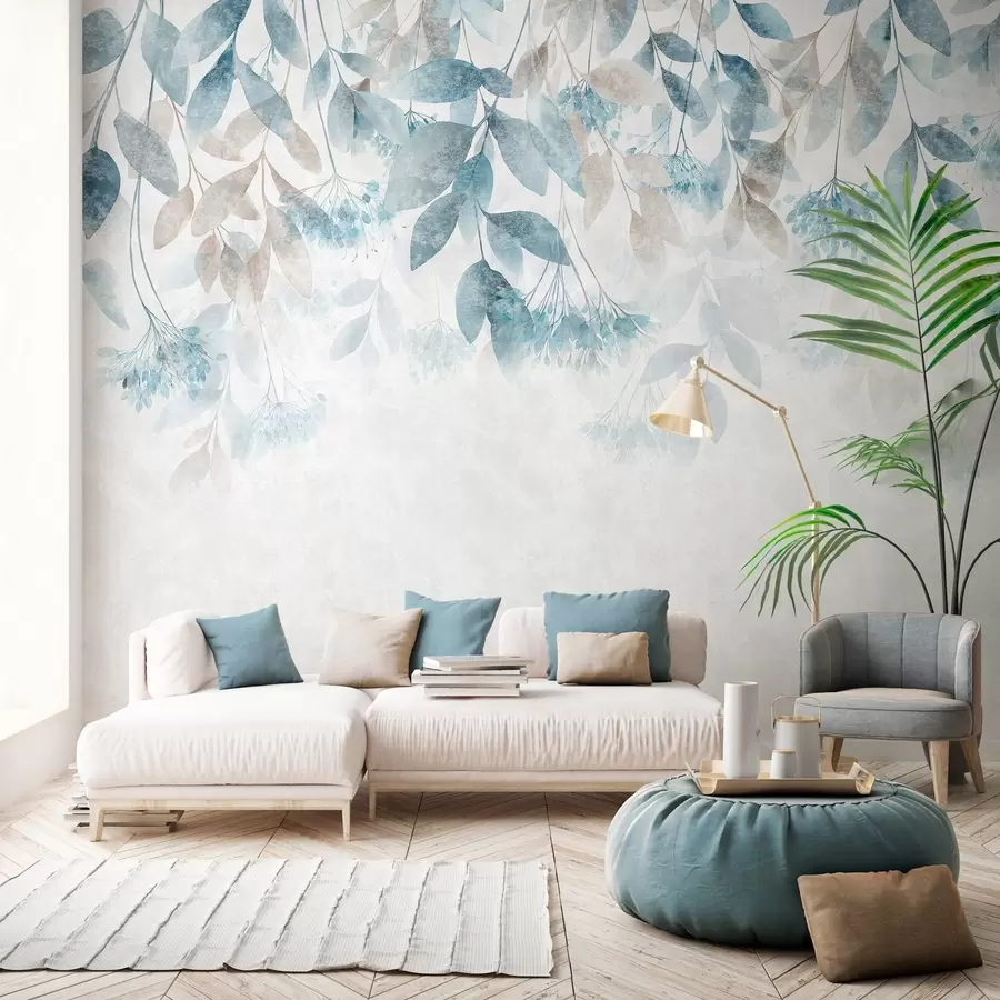 wall murals текстурирани, каскадни листови са цветовима у нијансама тиркизне и беж боје w05565