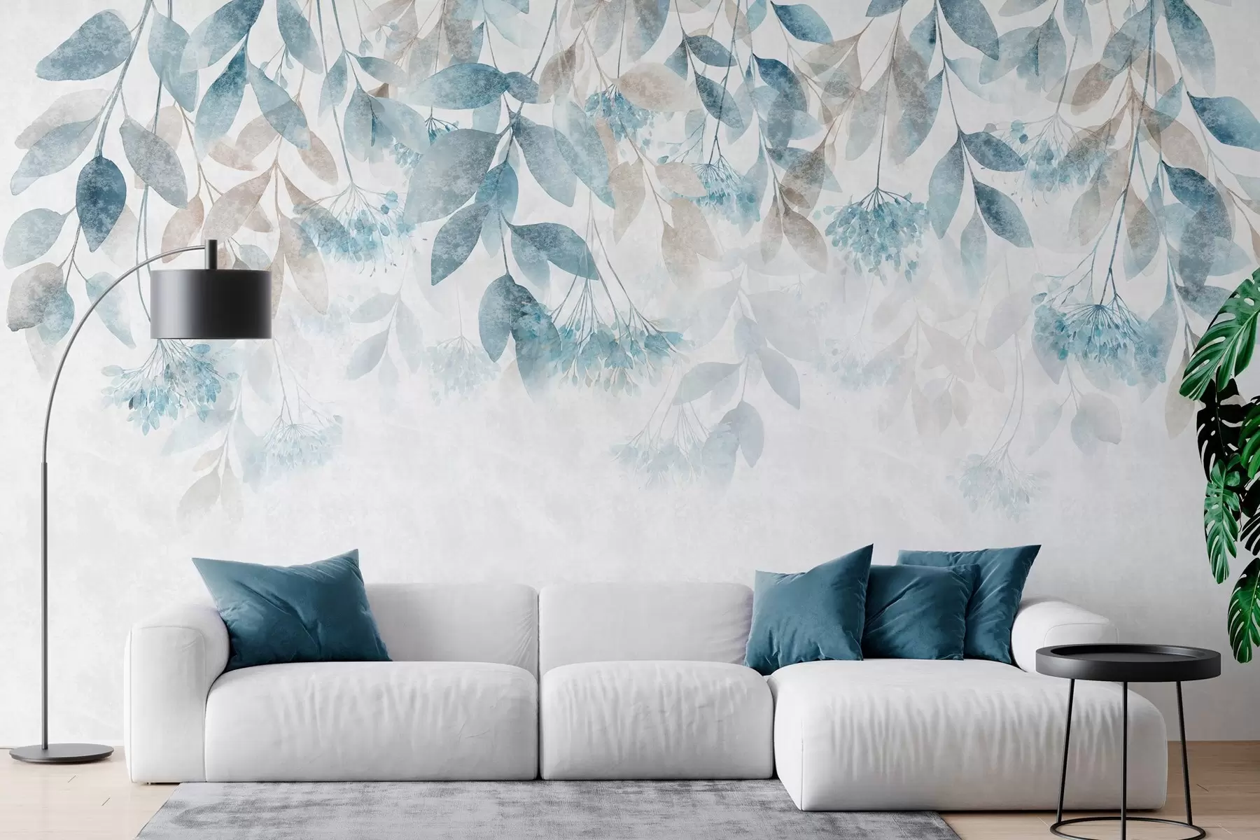 wall murals текстурирани, каскадни листови са цветовима у нијансама тиркизне и беж боје w05565