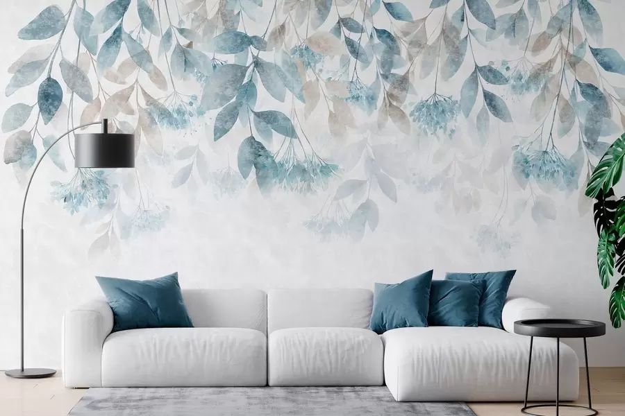 wall murals текстурирани, каскадни листови са цветовима у нијансама тиркизне и беж боје w05565