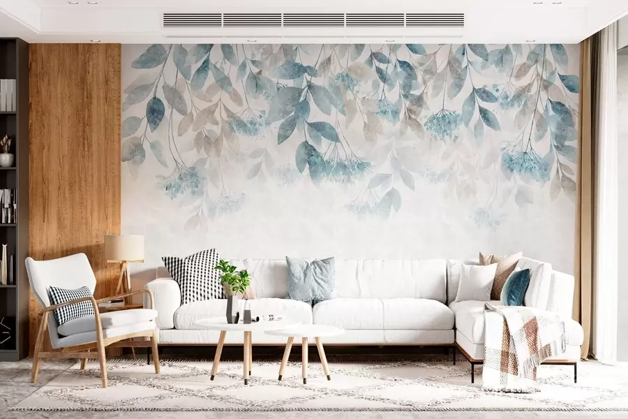 wall murals текстурирани, каскадни листови са цветовима у нијансама тиркизне и беж боје w05565