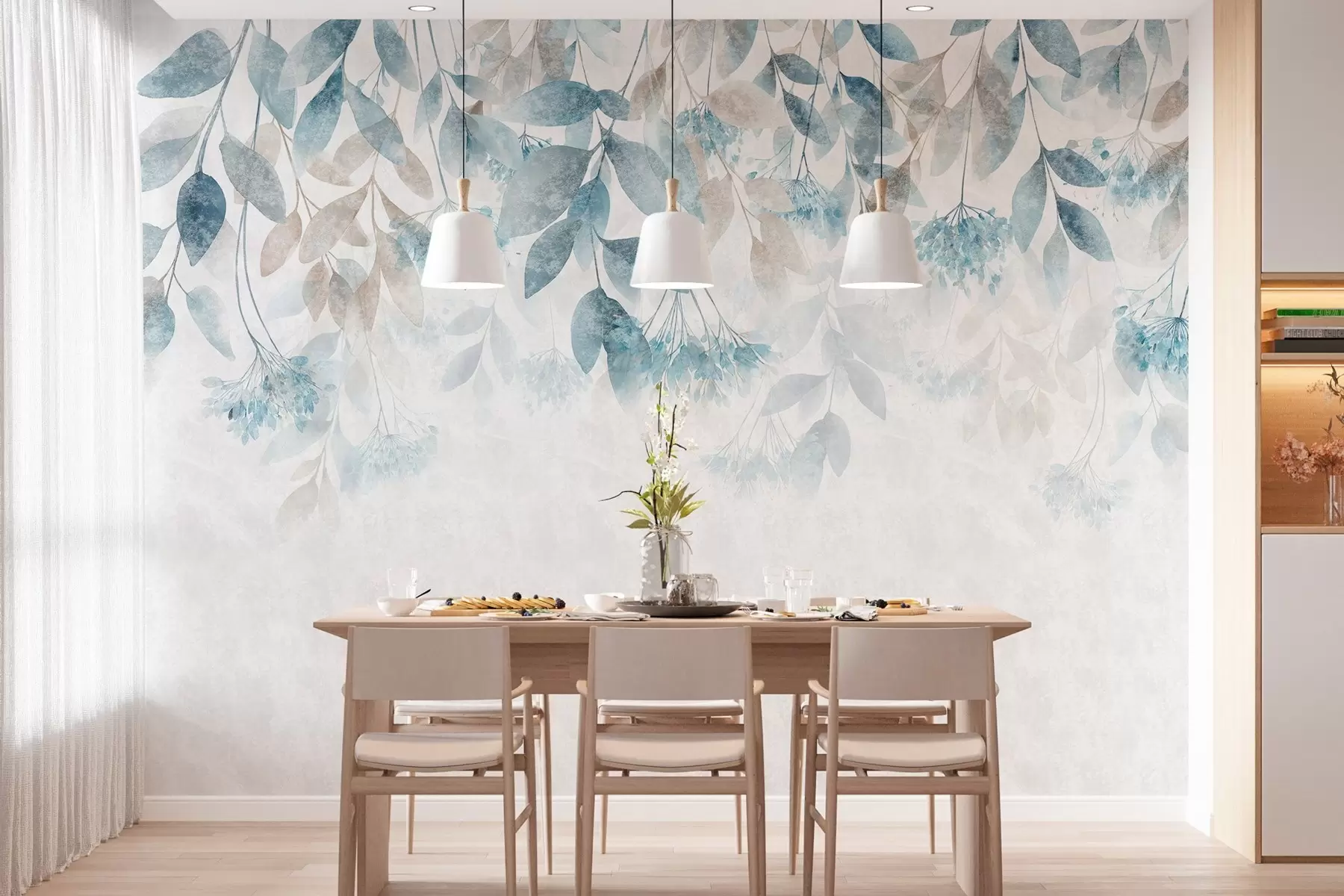 wall murals текстурирани, каскадни листови са цветовима у нијансама тиркизне и беж боје w05565