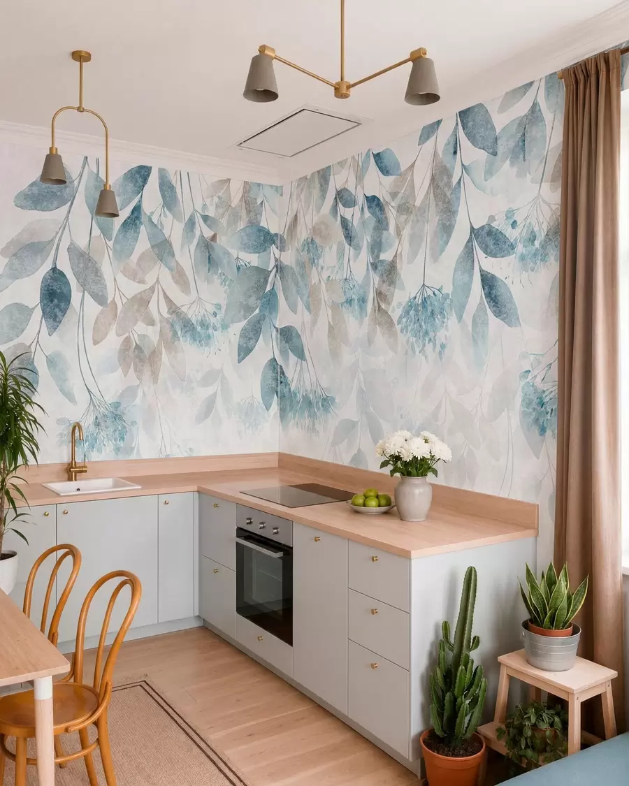 wall murals текстурирани, каскадни листови са цветовима у нијансама тиркизне и беж боје w05565