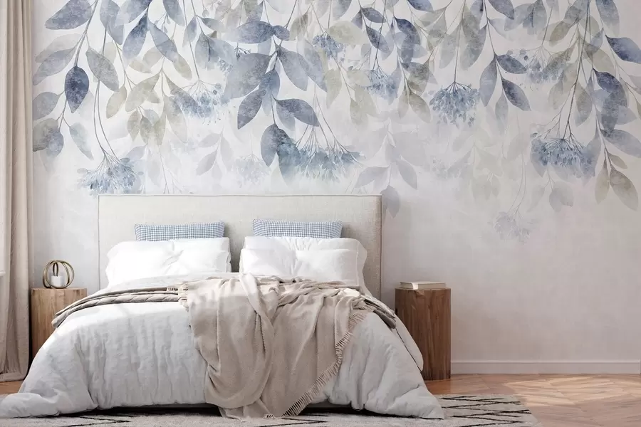 wall murals текстурирани, каскадни листови са цветовима у нијансама плаве и беж w05565v1