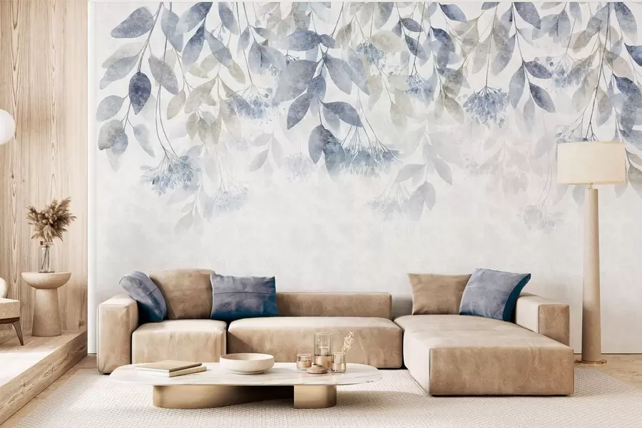 wall murals текстурирани, каскадни листови са цветовима у нијансама плаве и беж w05565v1