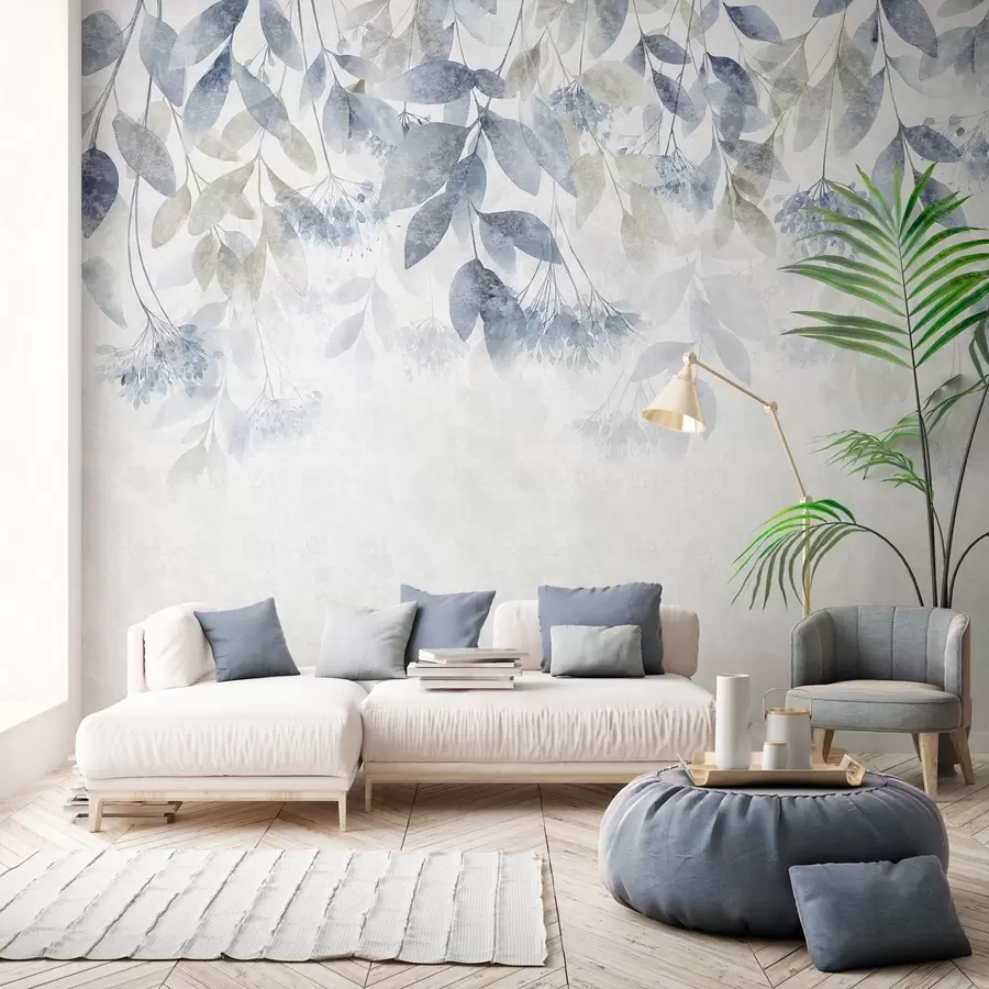 wall murals текстурирани, каскадни листови са цветовима у нијансама плаве и беж w05565v1