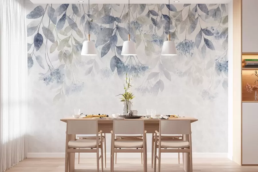 wall murals текстурирани, каскадни листови са цветовима у нијансама плаве и беж w05565v1