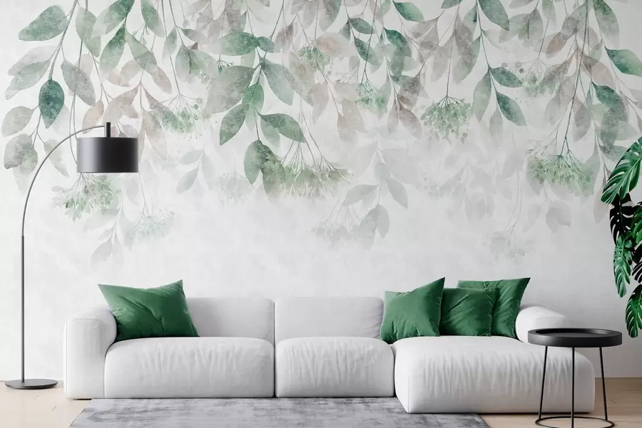 wall murals текстурирани, каскадни листови са цветовима у нијансама зелене и беж w05565v2