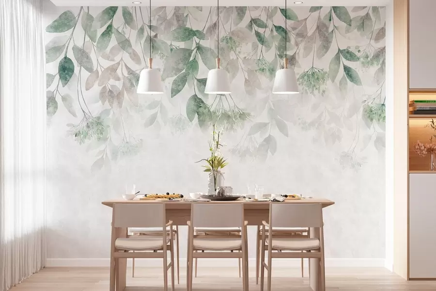 wall murals текстурирани, каскадни листови са цветовима у нијансама зелене и беж w05565v2