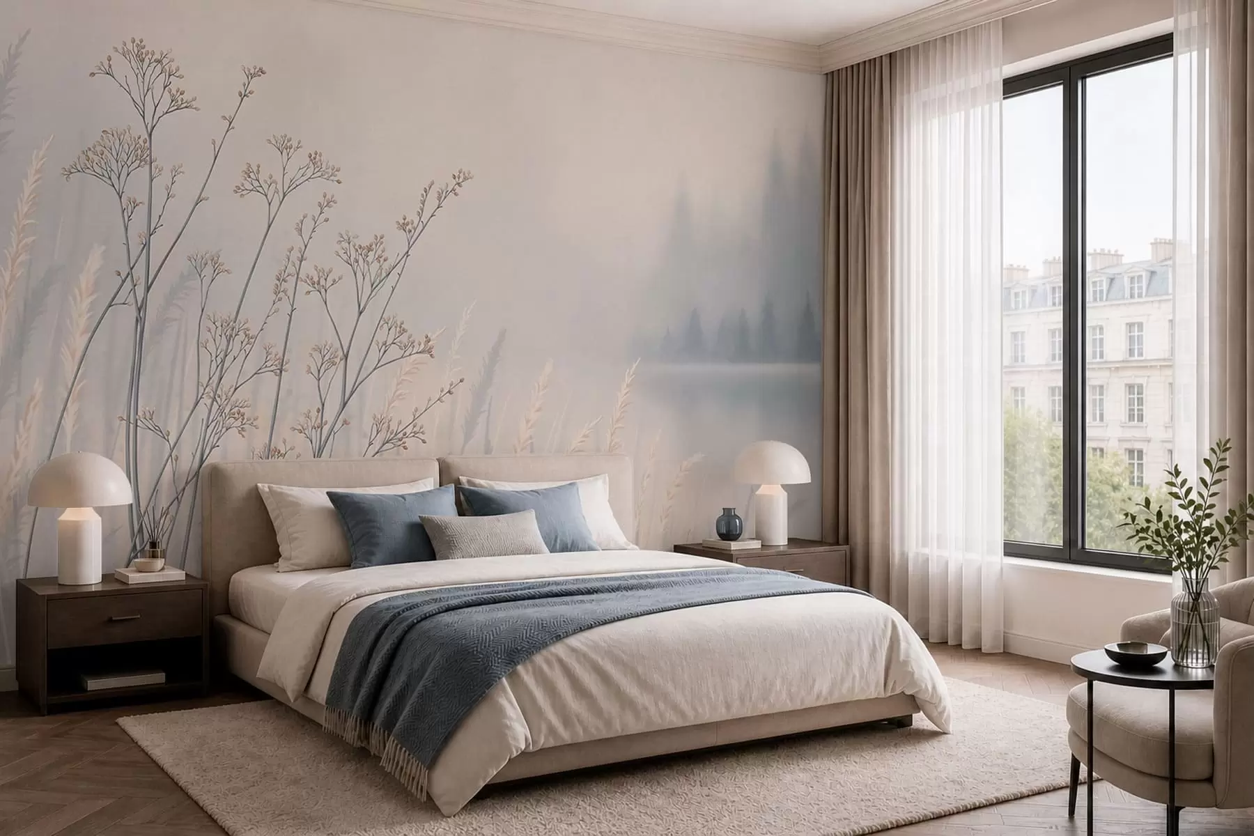 wall murals Ливадске траве поред воде у магловитом пејзажу w05534