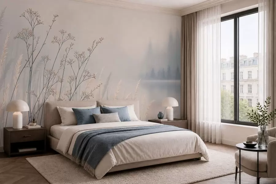 wall murals Ливадске траве поред воде у магловитом пејзажу w05534