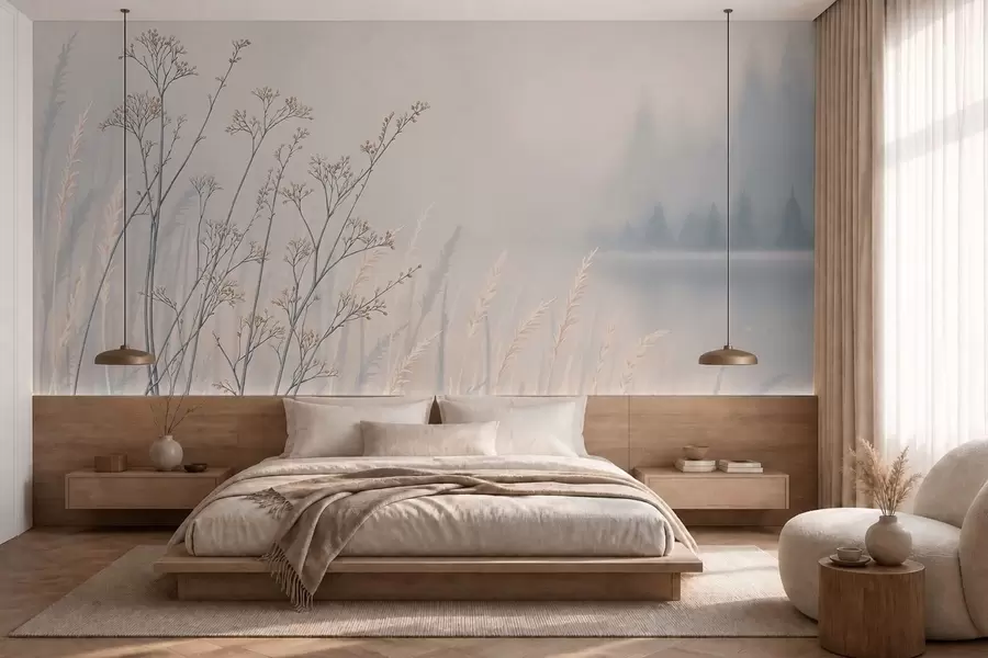 wall murals Ливадске траве поред воде у магловитом пејзажу w05534