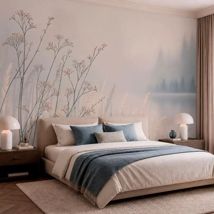 wall murals Ливадске траве поред воде у магловитом пејзажу w05534