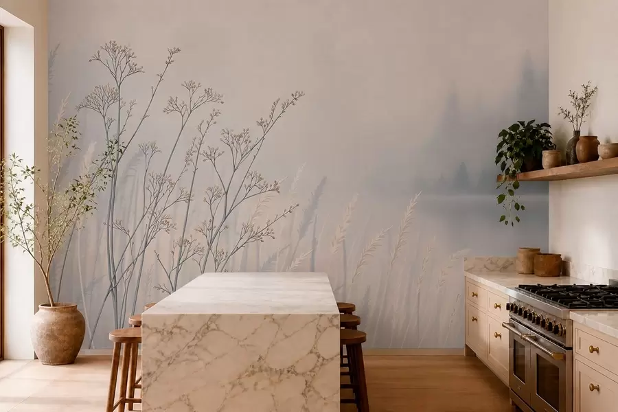 wall murals Ливадске траве поред воде у магловитом пејзажу w05534