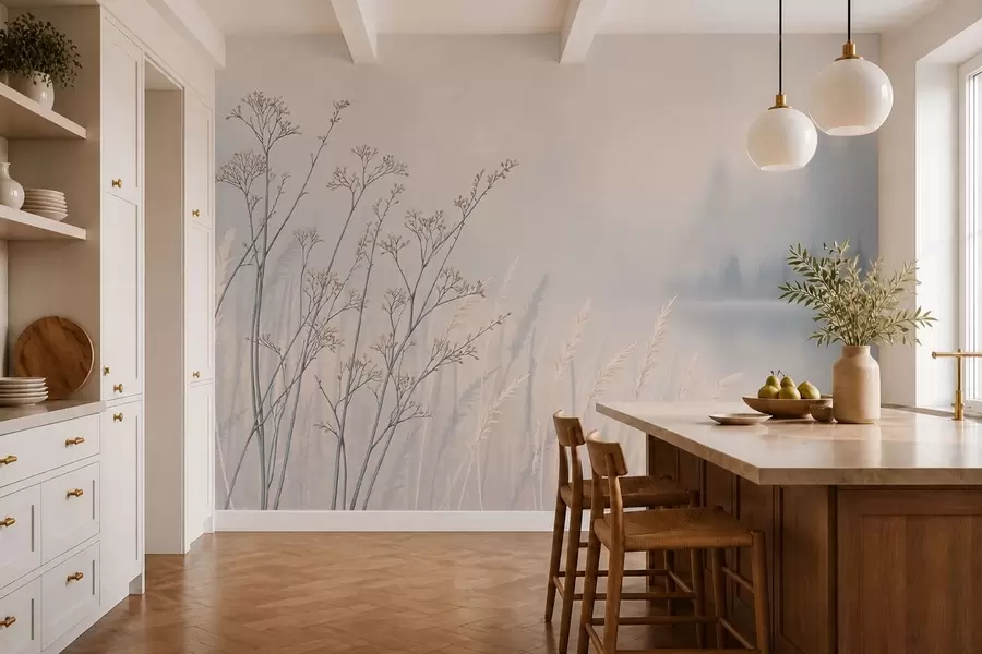 wall murals Ливадске траве поред воде у магловитом пејзажу w05534