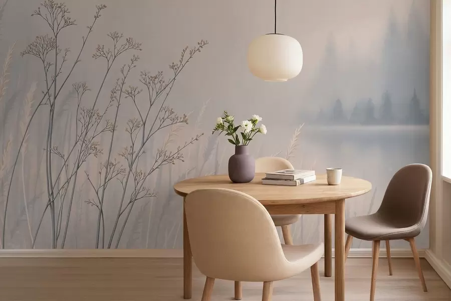 wall murals Ливадске траве поред воде у магловитом пејзажу w05534