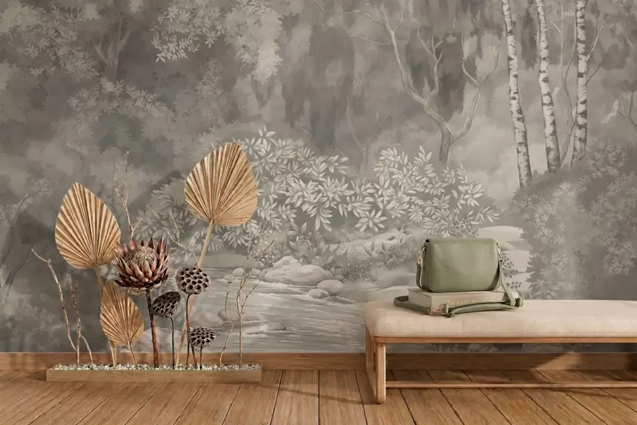 wall murals Светли шумски пејзаж са реком w05542