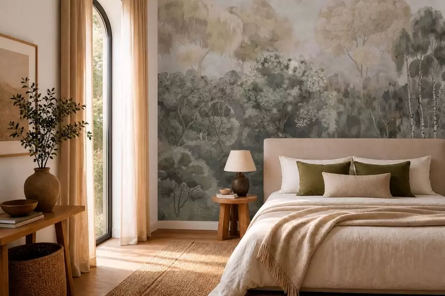 wall murals Шумски пејзаж са реком и густим дрвећем w05542v1