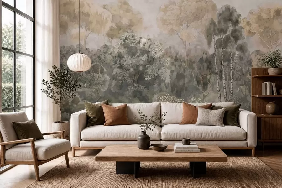 wall murals Шумски пејзаж са реком и густим дрвећем w05542v1