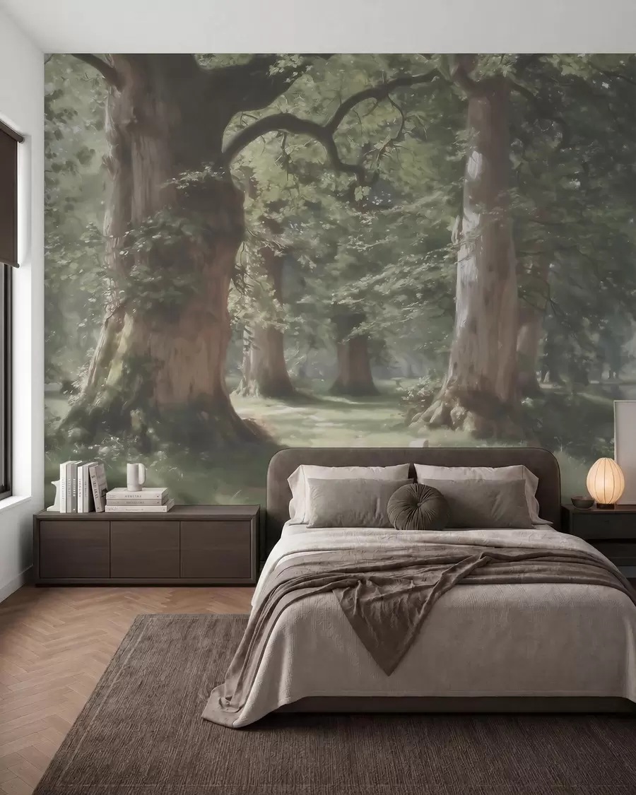 wall murals Бајковити шумски пејзаж у мекој зелено-беж палети у стилу сликарства w09845