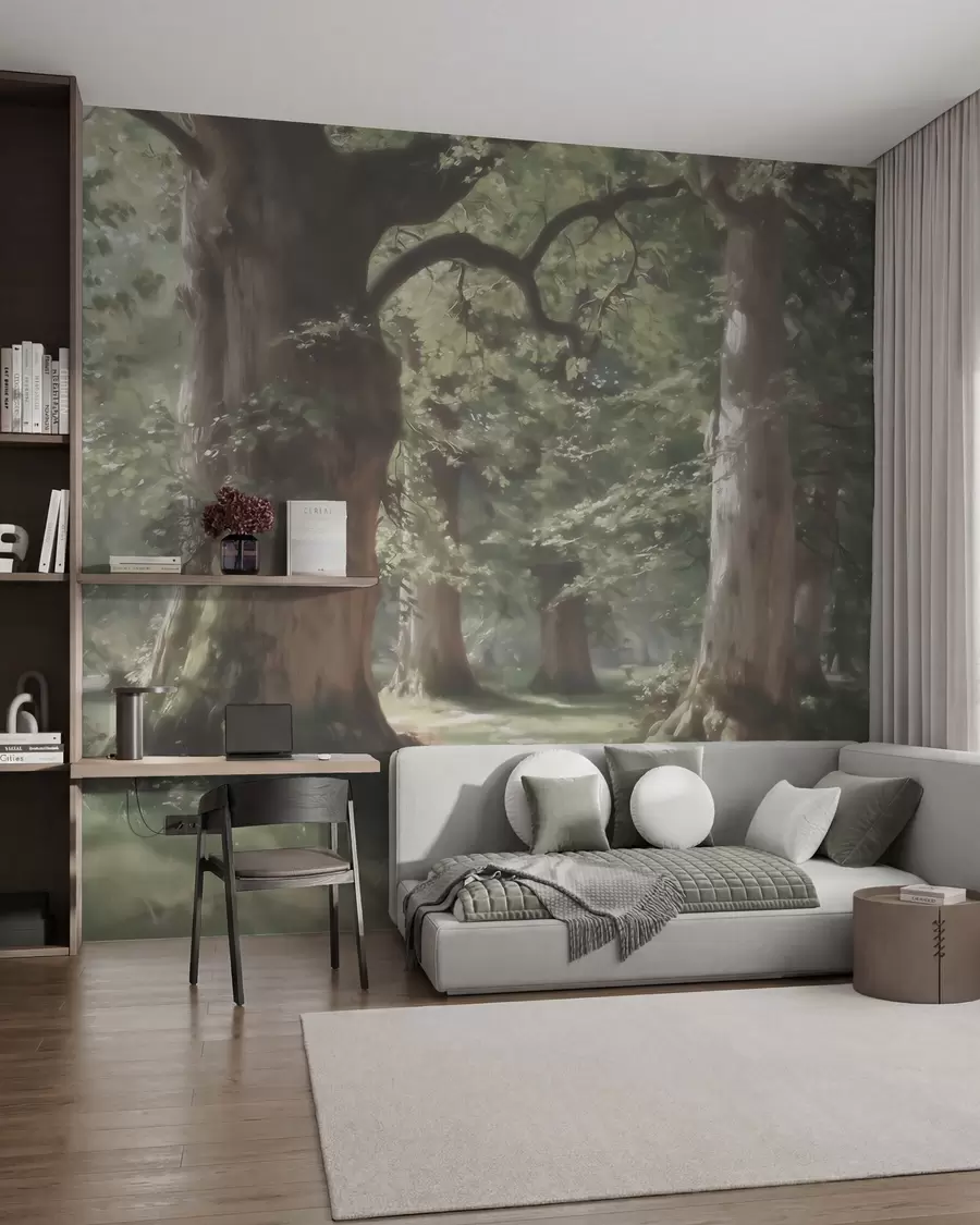 wall murals Бајковити шумски пејзаж у мекој зелено-беж палети у стилу сликарства w09845