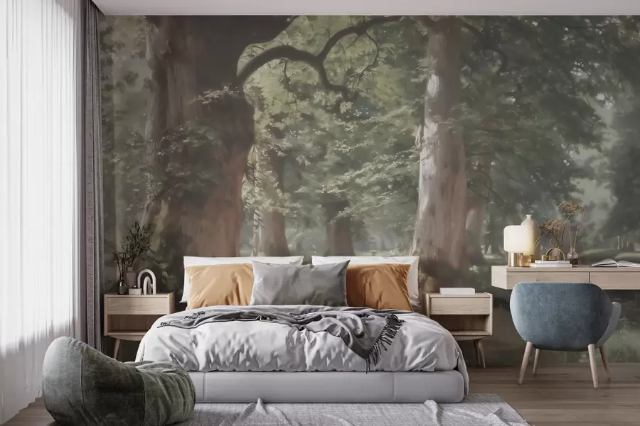wall murals Бајковити шумски пејзаж у мекој зелено-беж палети у стилу сликарства w09845