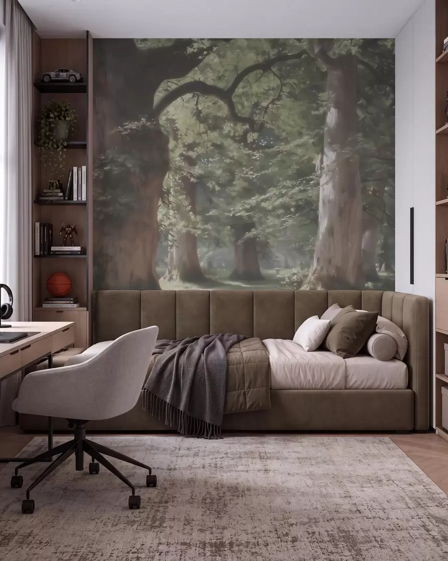 wall murals Бајковити шумски пејзаж у мекој зелено-беж палети у стилу сликарства w09845