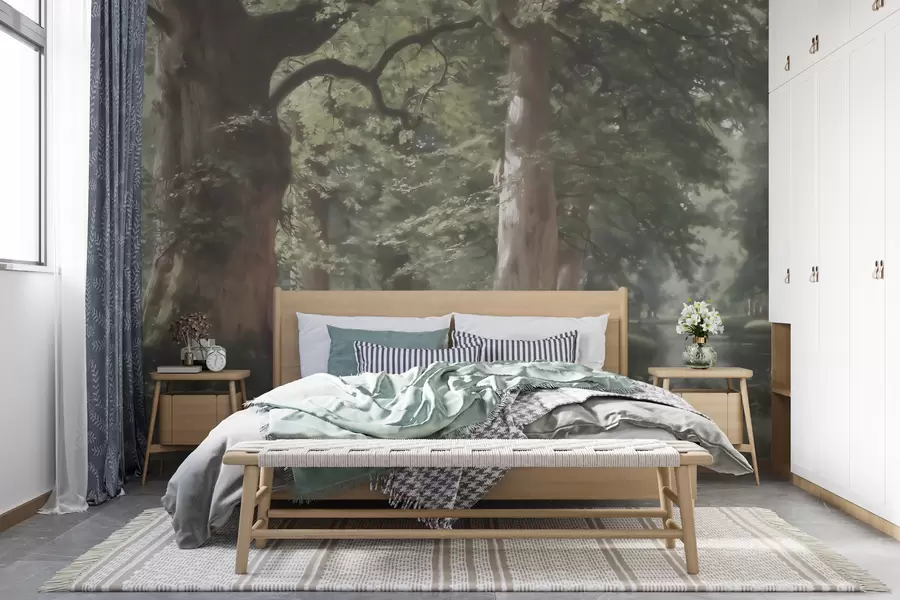 wall murals Бајковити шумски пејзаж у мекој зелено-беж палети у стилу сликарства w09845
