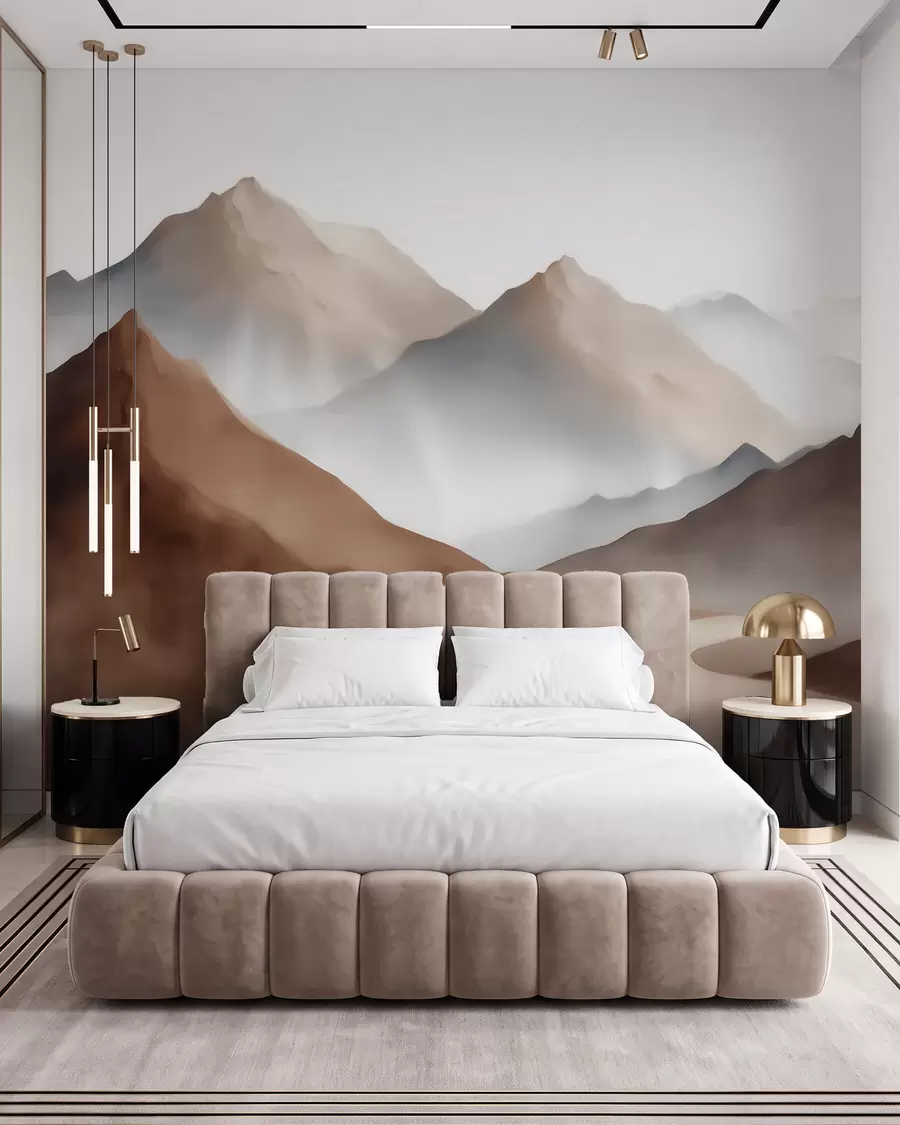 wall murals Магловити планински врхови у беж-смеђој палети у акварел стилу w09857