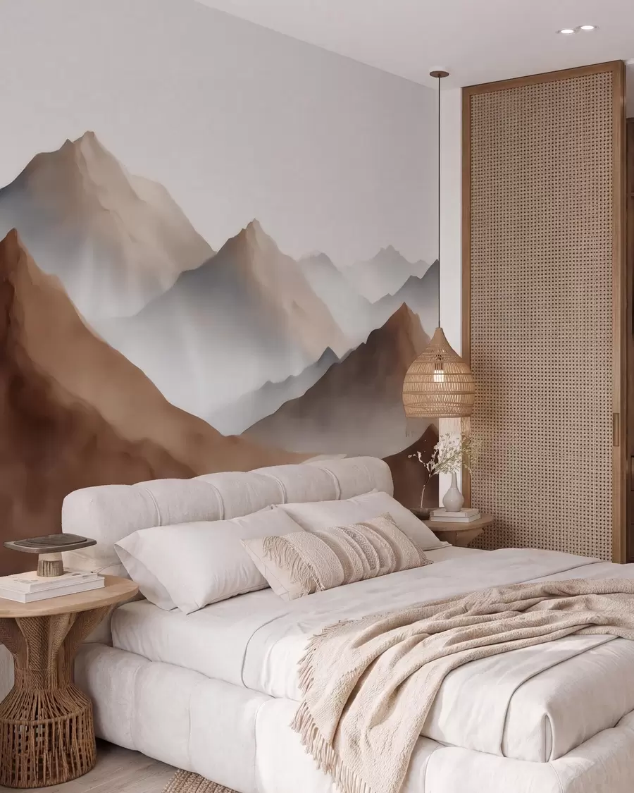 wall murals Магловити планински врхови у беж-смеђој палети у акварел стилу w09857