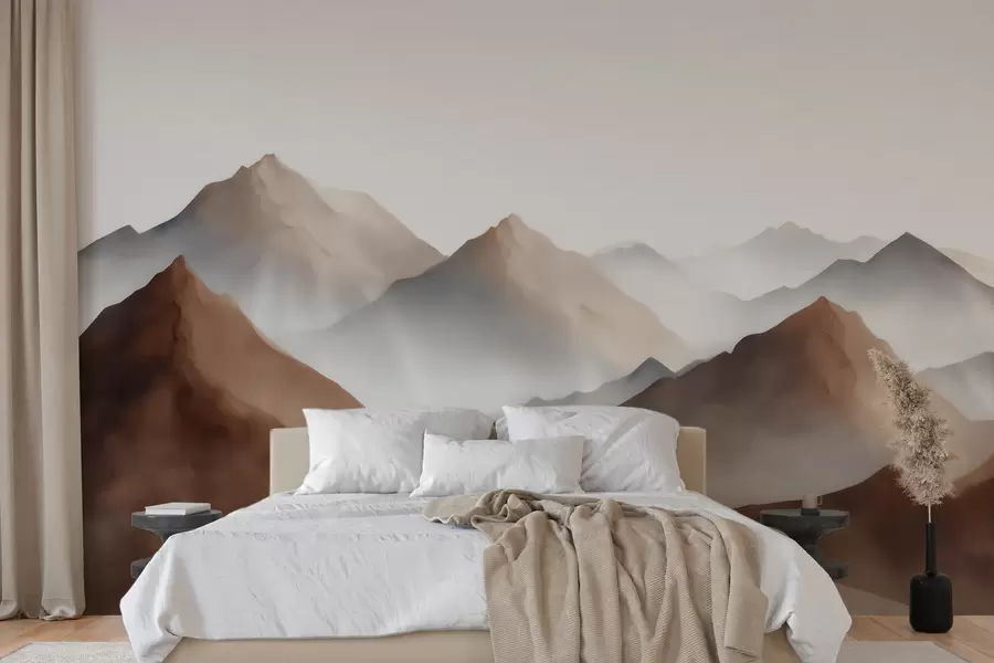 wall murals Магловити планински врхови у беж-смеђој палети у акварел стилу w09857