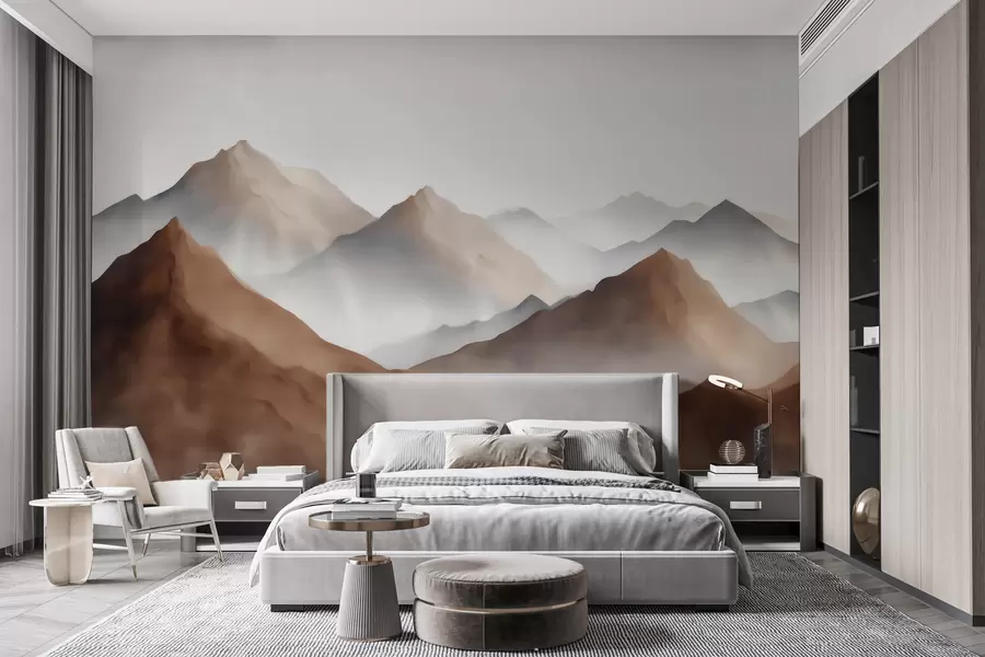 wall murals Магловити планински врхови у беж-смеђој палети у акварел стилу w09857